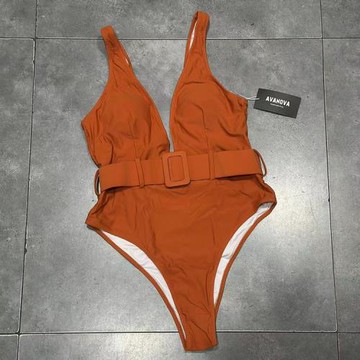 出口歐美女士成人前后雙大V領性感純色高腰帶裝飾三角連體游泳衣