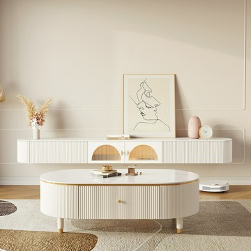 茶幾 免運熱銷 附發票 快速出貨 木月電視櫃茶幾組合現代簡約輕奢巖板茶幾客廳白色懸掛電視機櫃