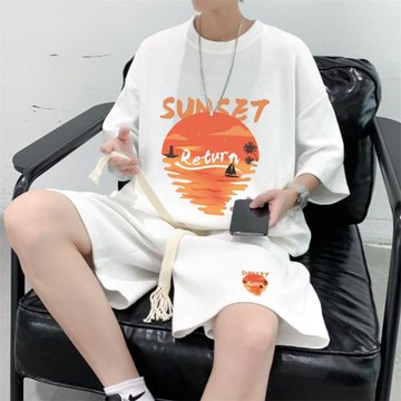 青少年短袖t恤男夏季華夫格套裝休閑運動衣服時尚搭配帥氣兩件套