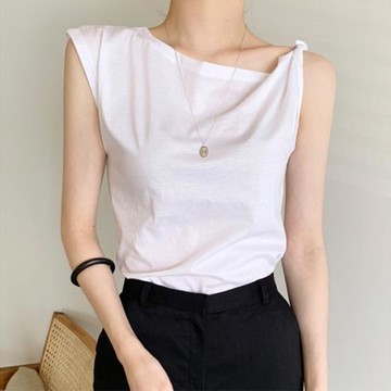 露肩設計感無袖純白色不規則女裝t恤新款氣質修身顯瘦上衣純棉t潮
