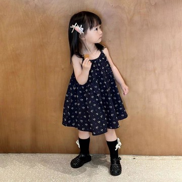 Mimo⭐女童連衣裙夏季中小童藏藍色碎花掛脖吊帶裙女寶寶公主背心裙