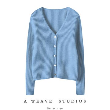 腔調范兒骨感十足！純羊絨開衫女V領坑條修身短款羊絨毛衣女外套