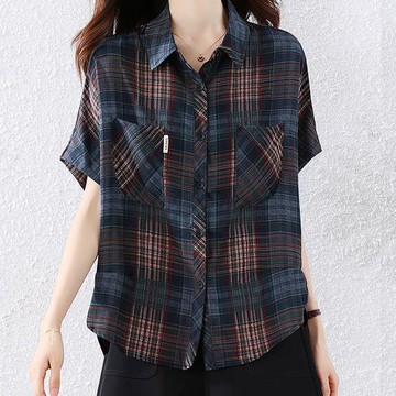 麗質達人 - 6569藍色格紋上衣-LY