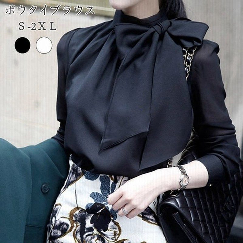 ボウタイブラウス ブラウス レディース 長袖 Tシャツ トップス スーツ カジュアル きれいめ 通勤 上品 オフィス シースルー ガーリー 大きいサイズ 春 夏 白 黒 通販 Lineポイント最大get Lineショッピング