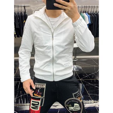 男士休閑連帽夾克2022春秋新款百搭潮流純色拼接刺繡字母韓版外套