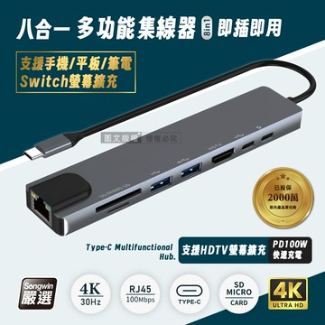 songwin8合1多功能hub集線器 hdmi+type-c+sd+tf+rj45 擴充轉接器