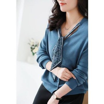 設計所在 棉麻隨性風 V領針織絲巾長袖毛衣(4色可選)