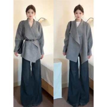 入春新款赫本風高級感超好看灰色翻領針織外套中長款小個子大衣女