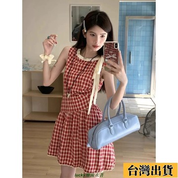 📿好貨優選📿日系 韓系洋裝 可愛甜美撞色格子繫帶蝴蝶結背心連衣裙女 小個子收腰A字短裙 綁帶收腰無袖短裙 田園風 約
