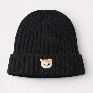 PAUL & JOE 經典貓咪圖案反摺針織毛帽(黑色) 保暖必備