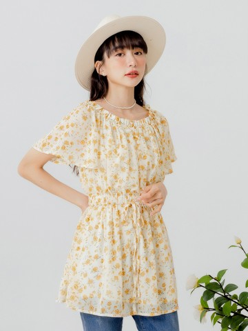 圓領一字領印花收腰綁帶長版上衣