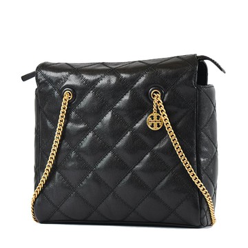 TORY BURCH WILLA 衍縫菱格鍊帶拉鍊肩背包-黑色