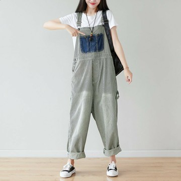 【巴黎精品】現貨+預購 復古牛仔吊帶褲大碼寬褲直筒褲落地褲休閒女裝-寬鬆韓版大口袋貼布女長褲子a1ir45