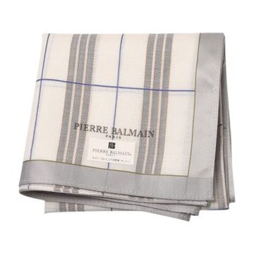 Pierre Balmain Paris白底灰藍格紋字母LOGO圖騰帕領巾(48CM)
