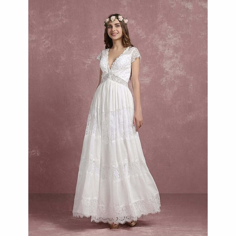 日本未発売 夏ウェディングドレス ボーホースタイル ビーチウェディングガウン レースビーズシフォン ディープvネック キャップスリーブ Aライ スウェット