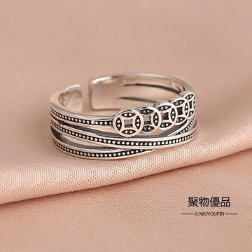 純銀小眾設計復古食指戒指招財錢幣開口指環女款【聚物優品】