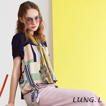 LUNG.L林佳樺 藍色拼接幾何線條綁結短袖女裝上衣LN96A