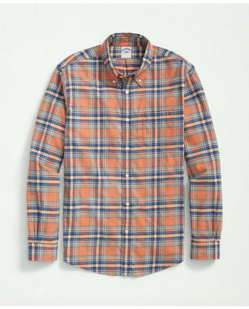 Brooks Brothers Men's Portuguese Flannel Polo Button Down Collar, Plaid Shirt | Orange | Size XS