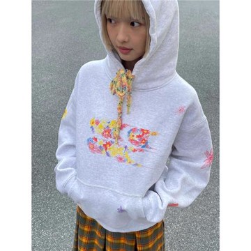 韓國ins小眾手繪花朵印花撞色抽繩秋冬加絨加厚休閑寬松連帽衛衣