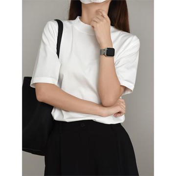 掌柜自留N件魚寶貝自制通勤百搭匹馬棉半高領中袖短袖白T小立領