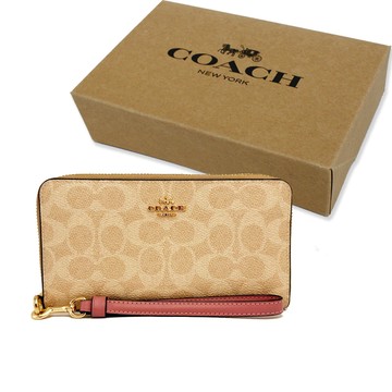 【COACH】C LOGO手掛式拉鍊零錢袋長夾禮盒(米白/粉紫)