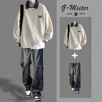 廠家高級感痞帥假兩件衛衣男士套裝春秋休閑三件套穿搭壹整套搭配鑫弘-衣錦男裝