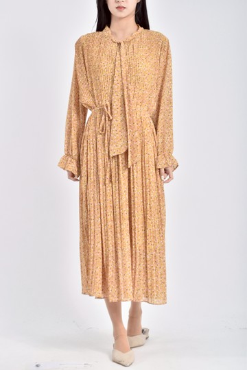 加購優惠(XL) yomi質感雪紡長袖黃色綁帶洋裝