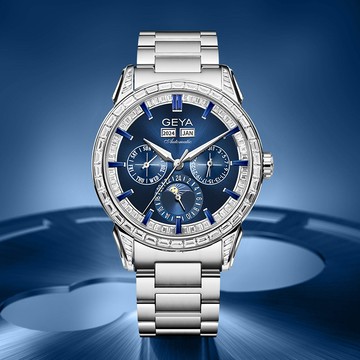 【GEYA 格雅】 G78189 真三眼 晶鑽 鏤空 日月星辰 動力儲存 寶石軸承 機械 不鏽鋼 手錶
