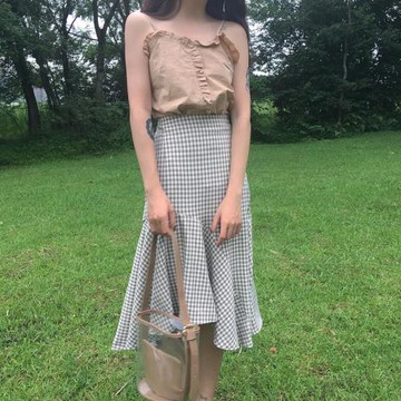 韓國夏秋文藝不規則荷葉邊高腰包臀格子魚尾裙減齡半身裙中長裙女