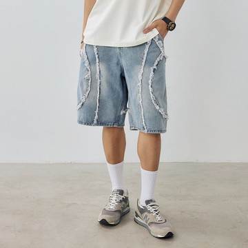 LAKING-抽鬚造型牛仔短褲