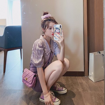 新款赫本風職業套裝洋氣減齡紫色半身裙可鹽可甜兩件套小香風