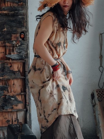 草木星球 苧麻植物印花無袖洋裝 直筒復古百搭休閒連衣裙