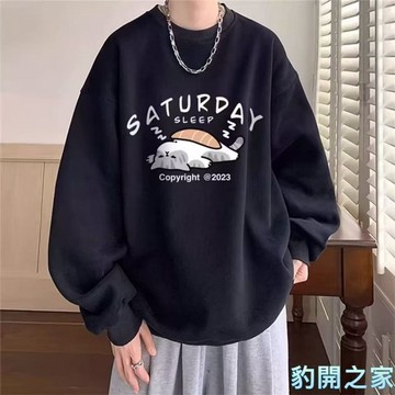 【豹開之家】加絨圓領套頭衛衣男 貓咪印花長袖大學t 潮牌衣服 無帽衛衣 情侶裝 長袖上衣 刷毛T 男生長袖T恤HM328