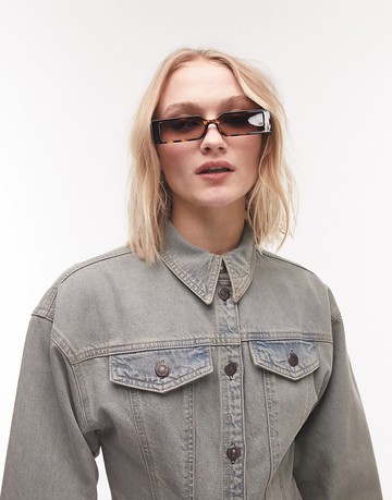 Topshop skinny rectangle sunglasses in tort-Brown