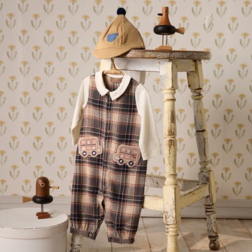 PIPPY經典格紋假兩件連身褲3件組禮盒 藍