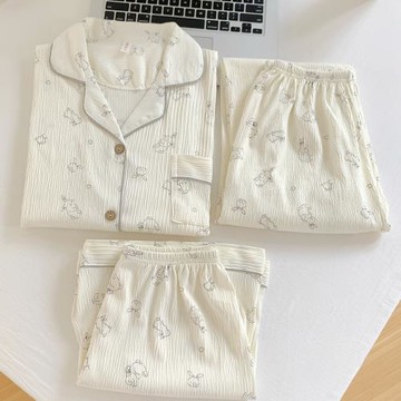 像素兔子少女感泡泡紗睡衣女夏季短袖三件套純棉長褲甜美家居服薄