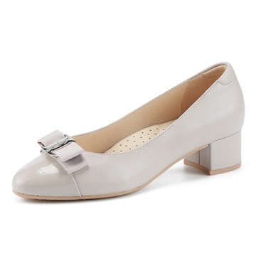 MAGY 氣質LOGO款蝴蝶結真皮低跟鞋 灰色 #14741