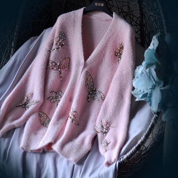 粉色軟糯毛絨v領毛衣女仿貂絨針織開衫外套v領23年秋冬寬松小個子