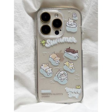 ins風閃粉游泳小狗適用蘋果12/13/14/15/16proMax夏日手機殼iPhone11/15plus