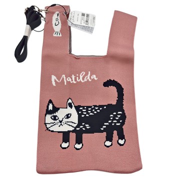 kUSUgURU JAPAN 日本眼鏡貓 和式手挽包 手拿包 日本眼鏡貓日式手挽包 輕便購物包 Matilda san款 附簡易掛繩可肩背  粉紅色  1個  高約40cm x 長約 23cm，底部寬約 12cm