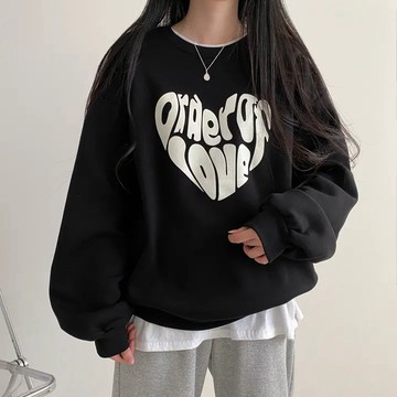 Vuja de 純棉圓領衛衣 大學t 薄衛衣 oversize 大學t 長袖 秋冬上衣 愛心印花 潮流衣服 刷毛 衣服女