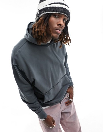 ASOS DESIGN oversized hoodie with distressing in washed black-Grey