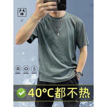 冰絲速干2025夏季天絲棉麻短袖T恤男圓領純色涼感亞麻透氣潮男款