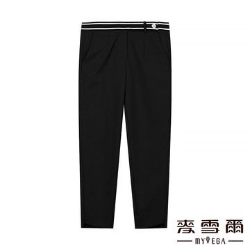 Myvega麥雪爾 MIT配色織帶前褲管開衩顯瘦長褲-黑