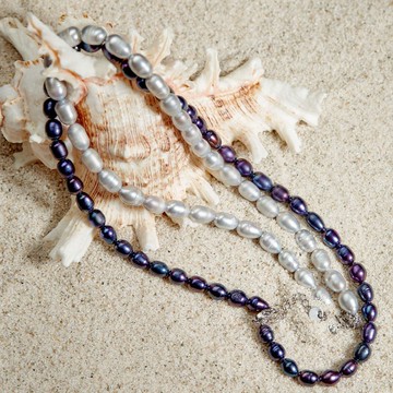 天然黑色灰色米型珍珠項鍊 6–7mm 銀色延長鏈 經典時尚 聖誕節禮