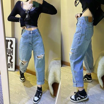 藍色破洞牛仔褲女2025夏季新款寬松直筒高腰顯瘦老爹褲ins九分潮