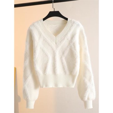 小個子高腰v領毛衣秋冬季保暖加厚防水貂絨套頭收腰純色打底衫女