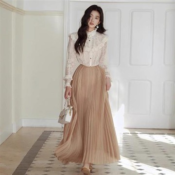【米蘭精品】休閒套裝長袖裙裝-蕾絲襯衫百褶長裙女裝74kh24