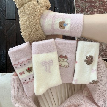 jiefeitii“粉紫澳絨襪子女秋冬加厚保暖費爾島卡通甜美堆堆襪