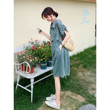 設計感波點牛仔連衣裙女夏季2025新款小個子遮肚顯瘦別致氣質裙子